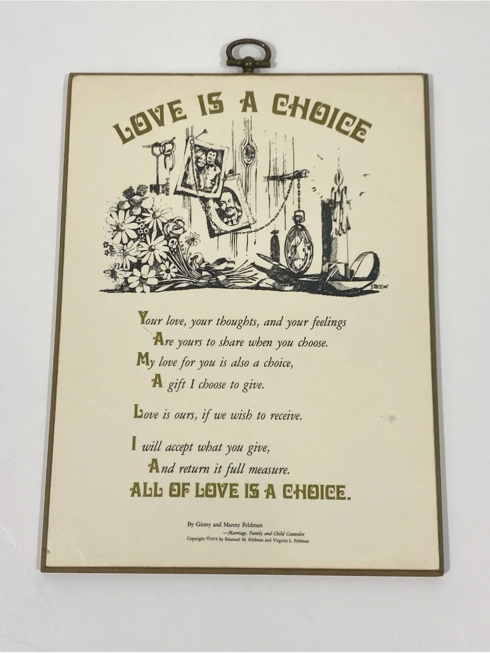 Vintage 70’s Love Is A Choice Wall Plaque - Cream and Gold
